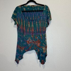 small/medium boho hippie tie dye flowy tee with asymmetric hem made in nepal